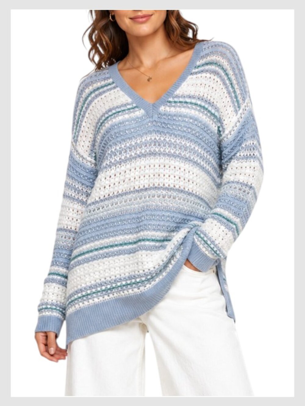 White House Black Market Open Knit Sweater Blue White Striped Lightweight M
